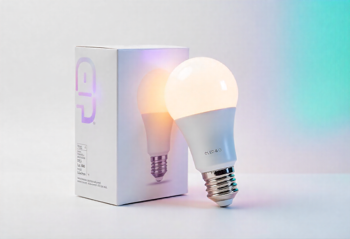 一個標示著流明與瓦數的LED燈泡包裝盒